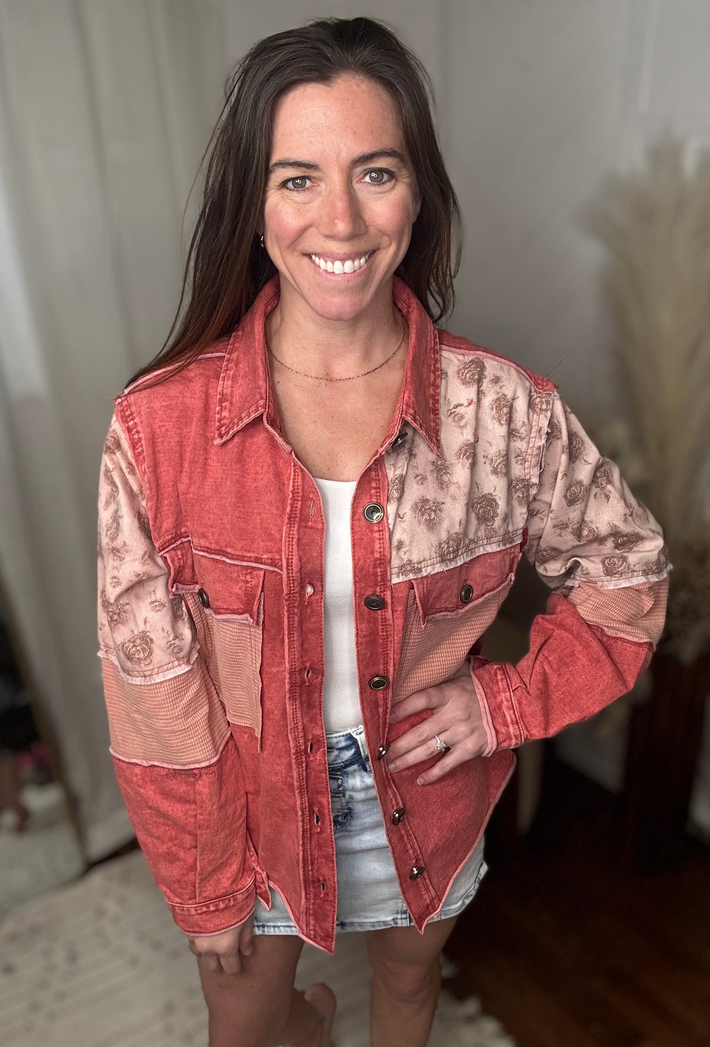 Scarlet Red Denim + Floral Jacket