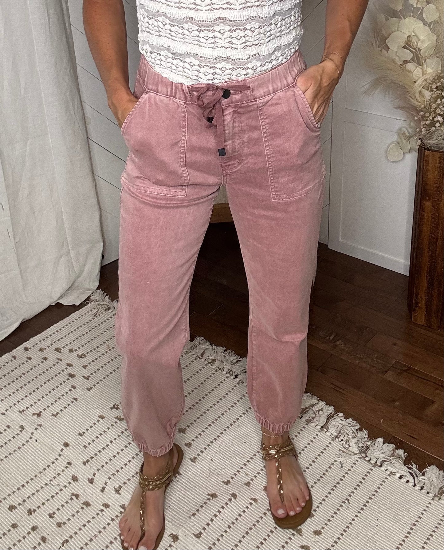 Mica High Rise Drawstring Joggers: Blush