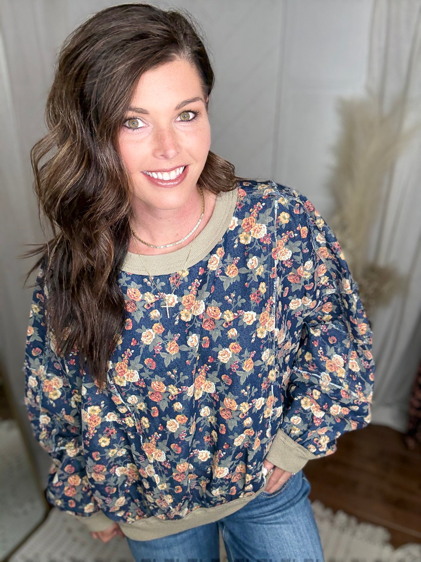 Washed Floral Denim Sweater