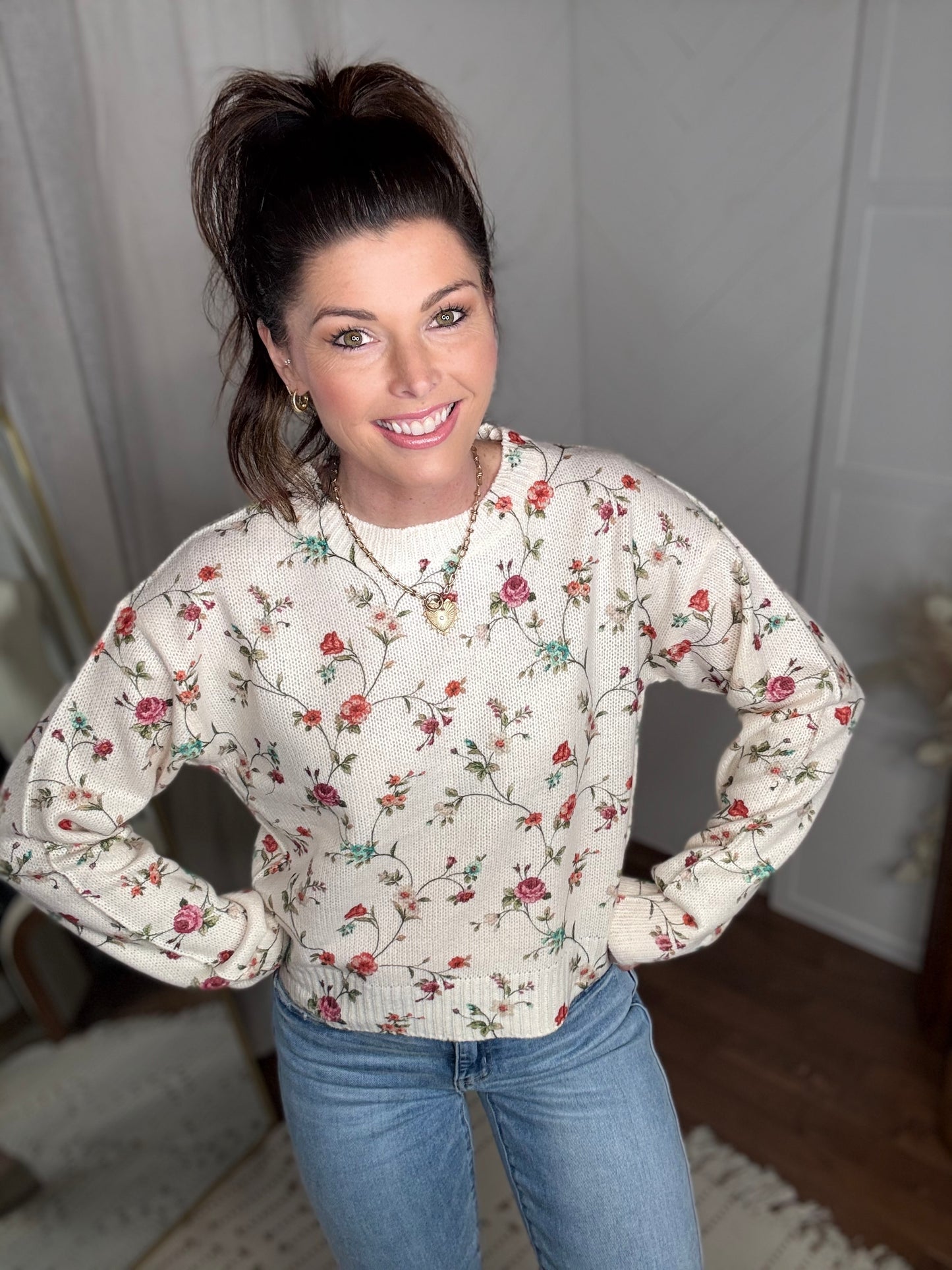 Ivory Bloom Textured Knit Sweater