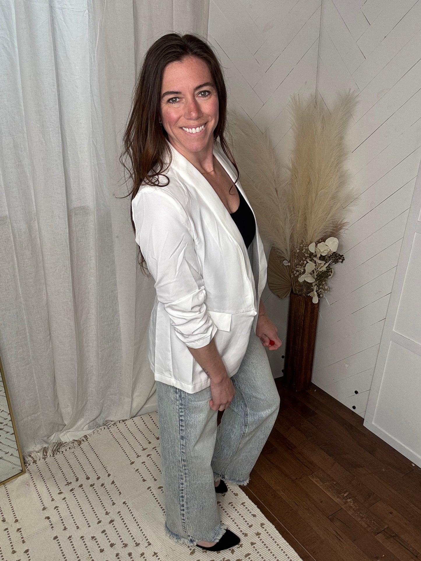 White Bunched Sleeve Blazer