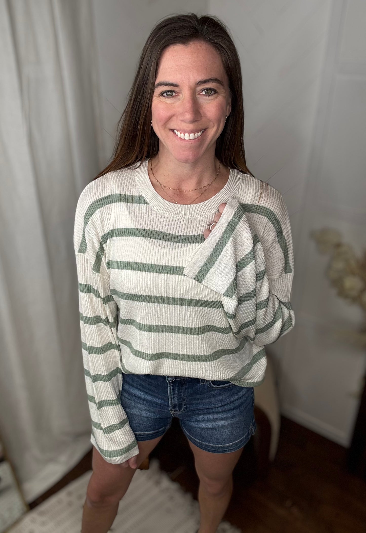 Sage Lightweight Wide-Sleeve Striped Sweater