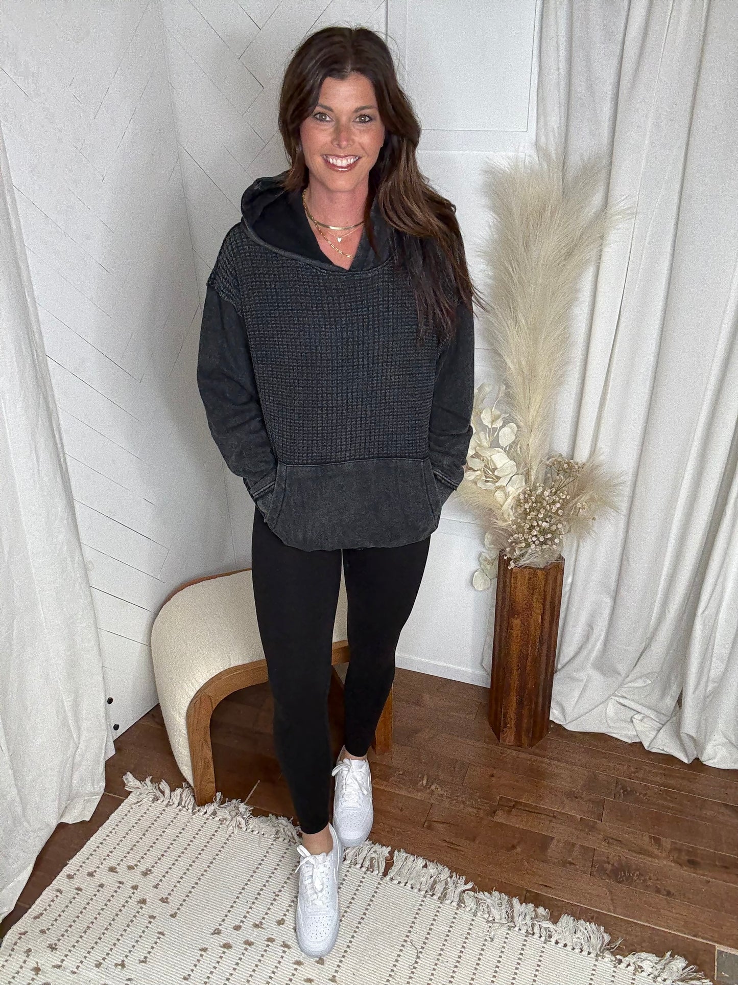 Waffle Knit Hoodie: Black