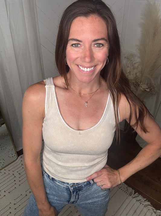 Beige V-Neck Ribbed Seamless Tank
