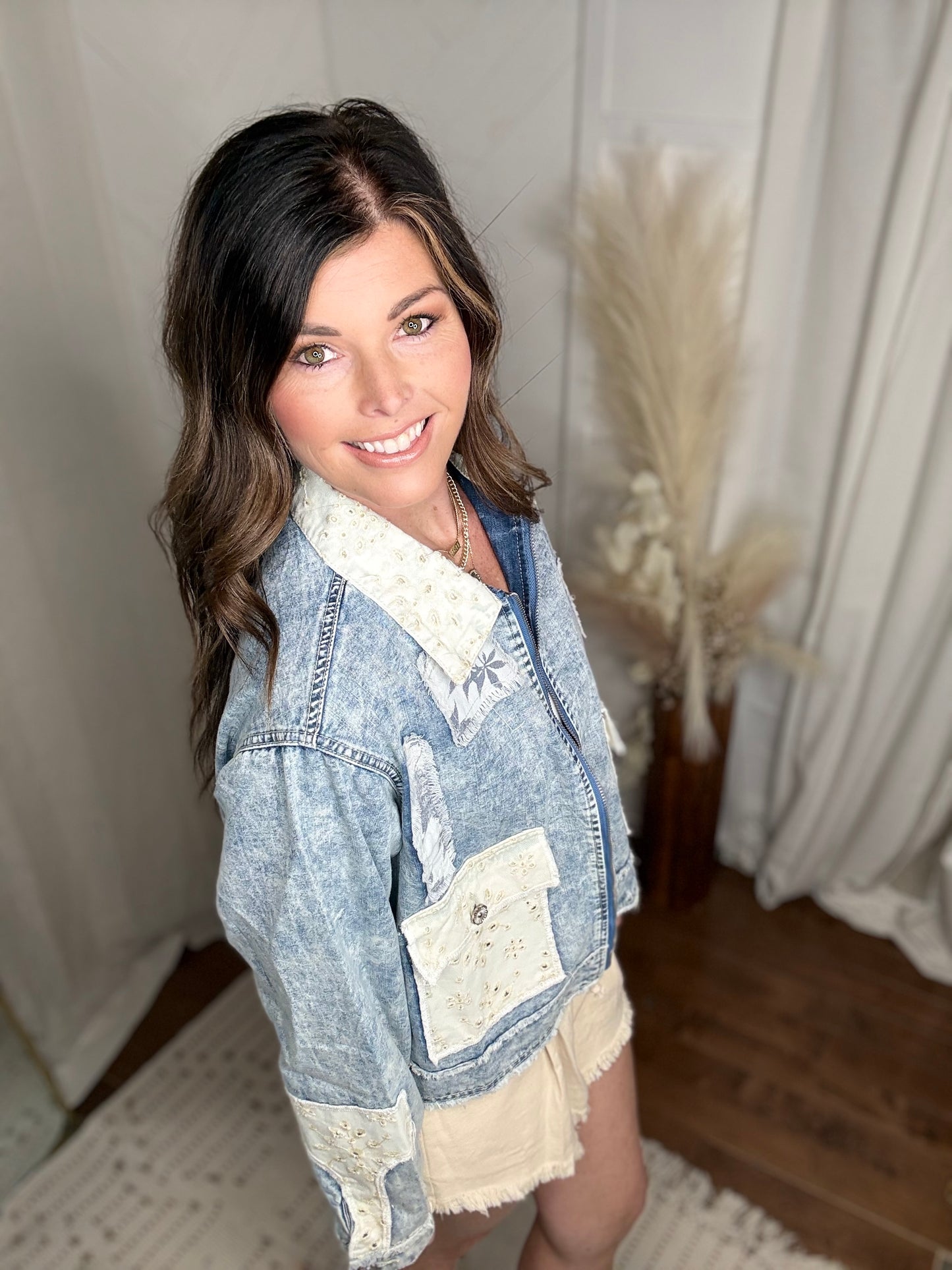Vintage Washed Zip-Up Patch Denim Jacket