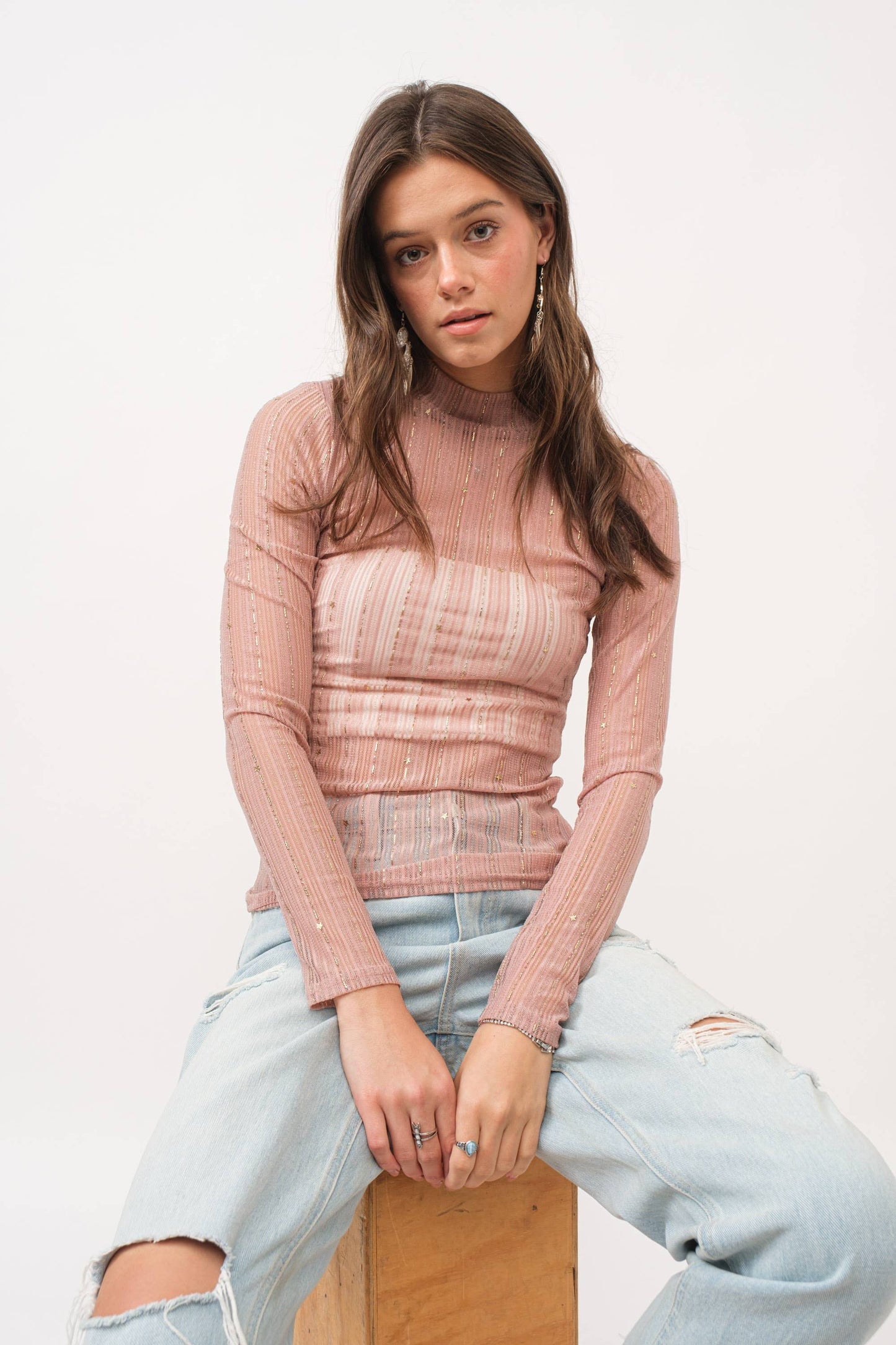 Metallic Stripe Mesh Mock Neck Top: Rose Gold