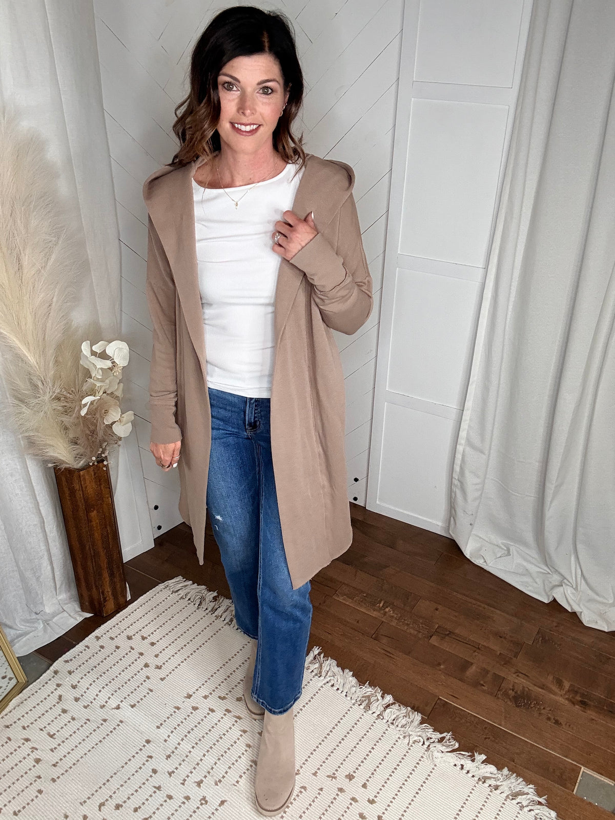 Silken Taupe Open Front Longline Hoodie Cardigan