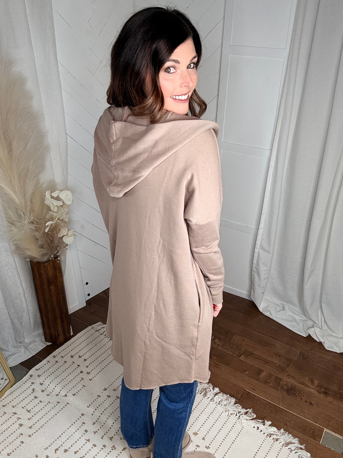 Silken Taupe Open Front Longline Hoodie Cardigan