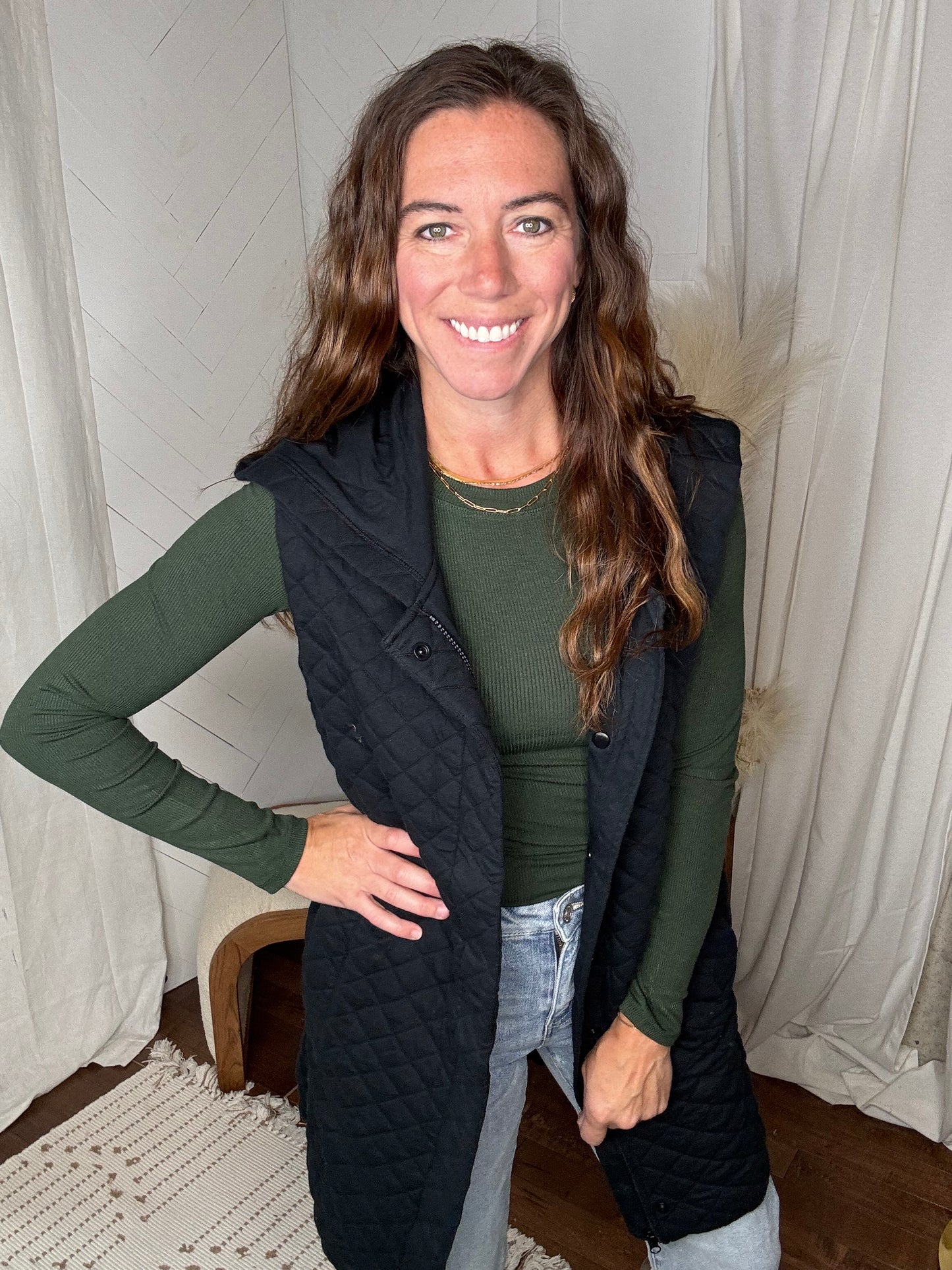 Longline Quilted Vest: Black