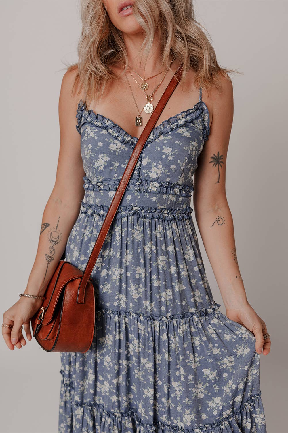 Blue Floral Tiered Midi Dress