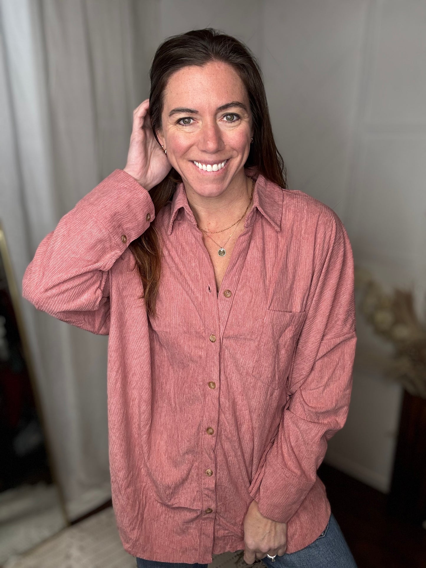 Mauve Casual Oversized Button Down Corduroy Shirt