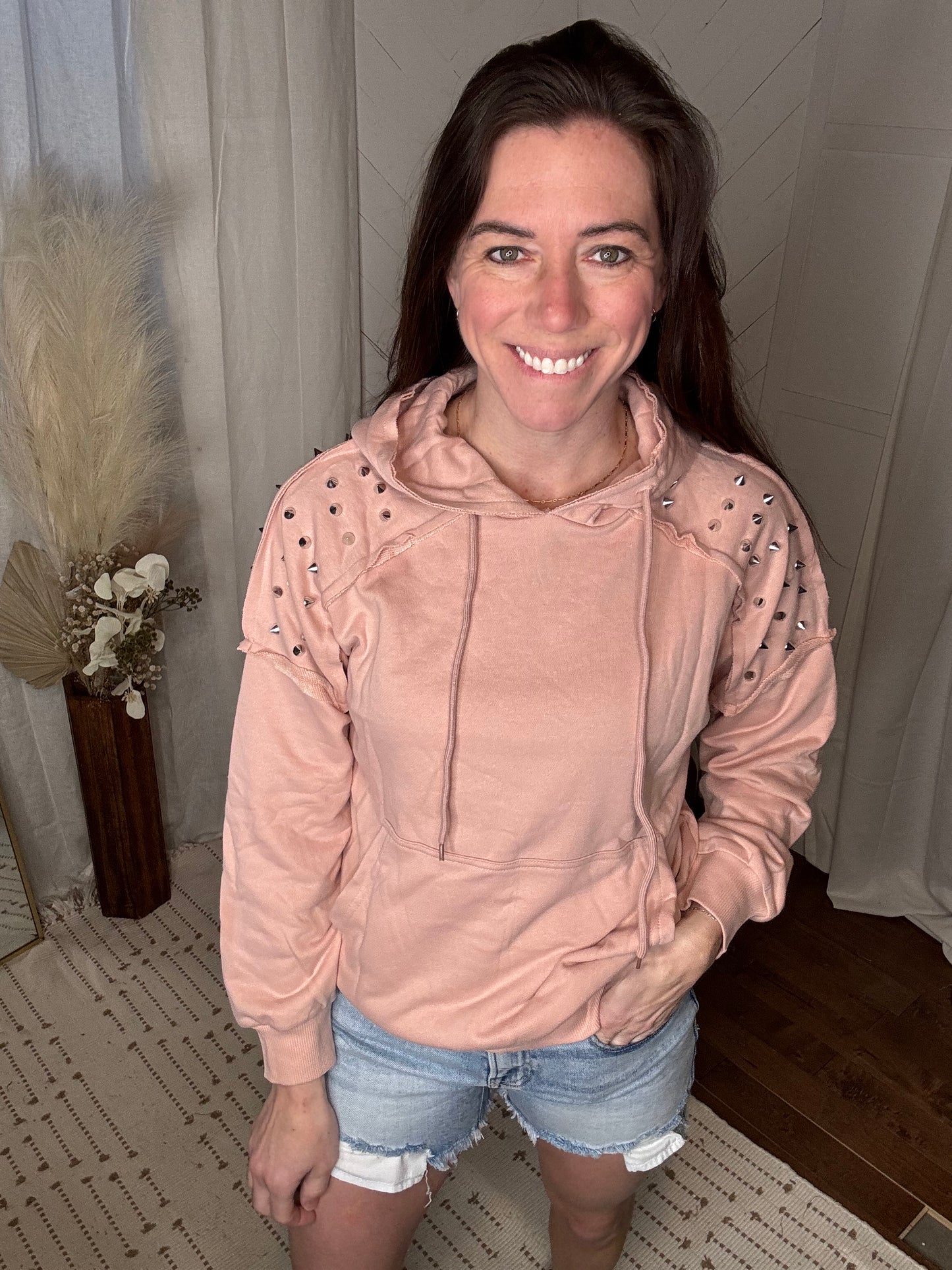 Rivet Stud Long Sleeve Hoodie with Pocket