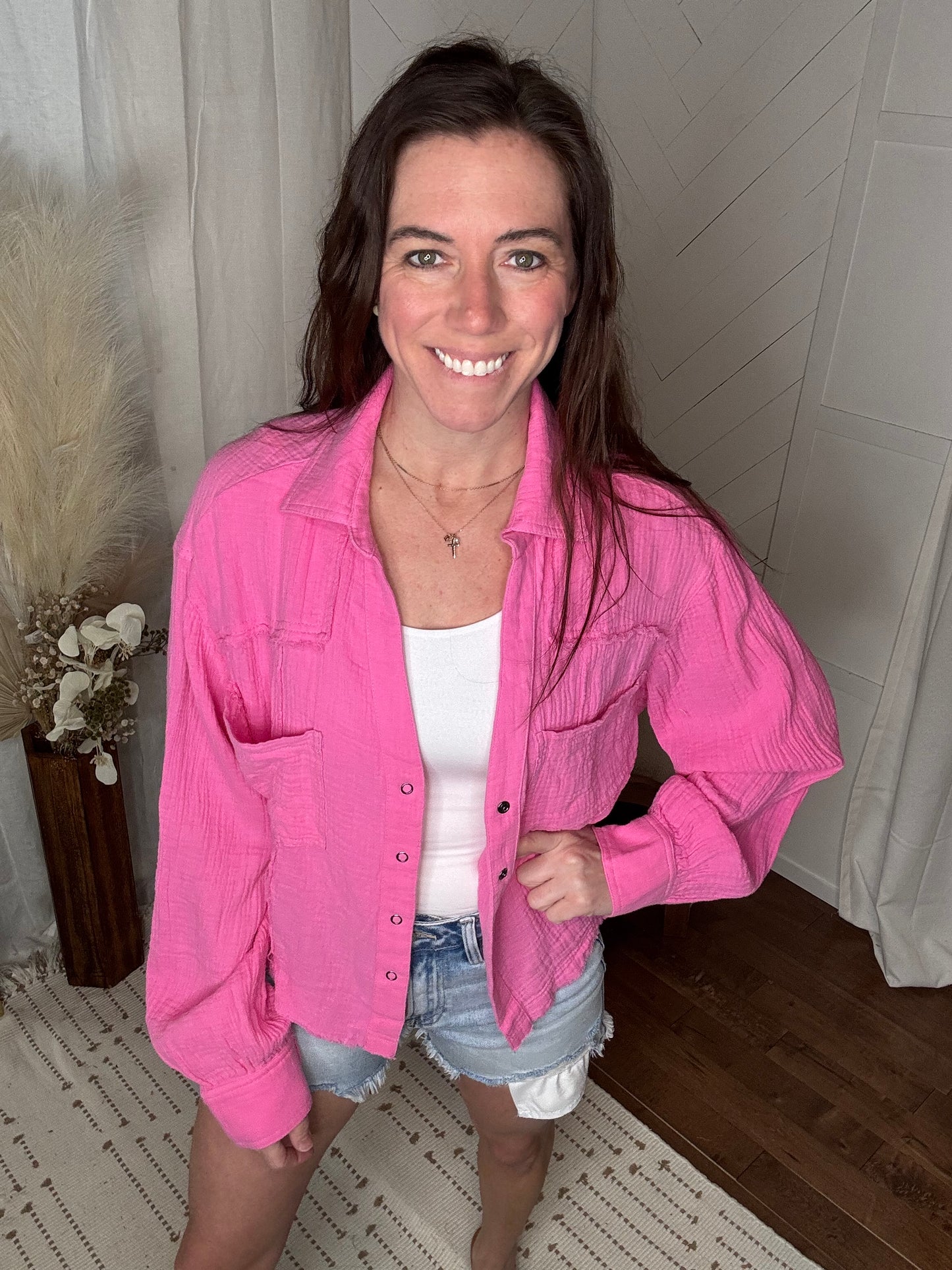 Bright Pink Gauze Button Up