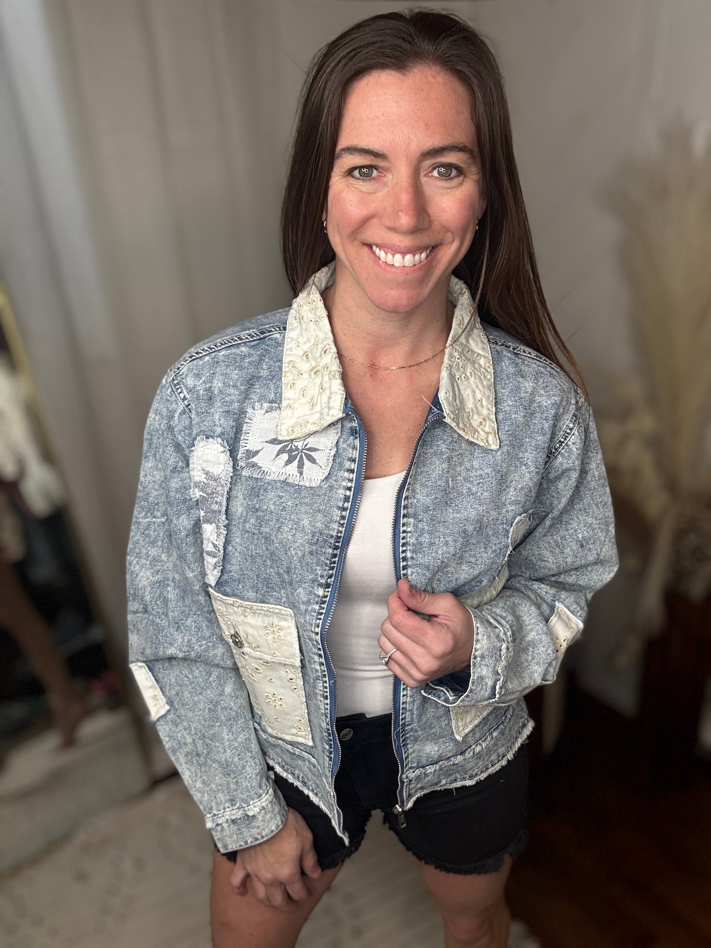 Vintage Washed Zip-Up Patch Denim Jacket