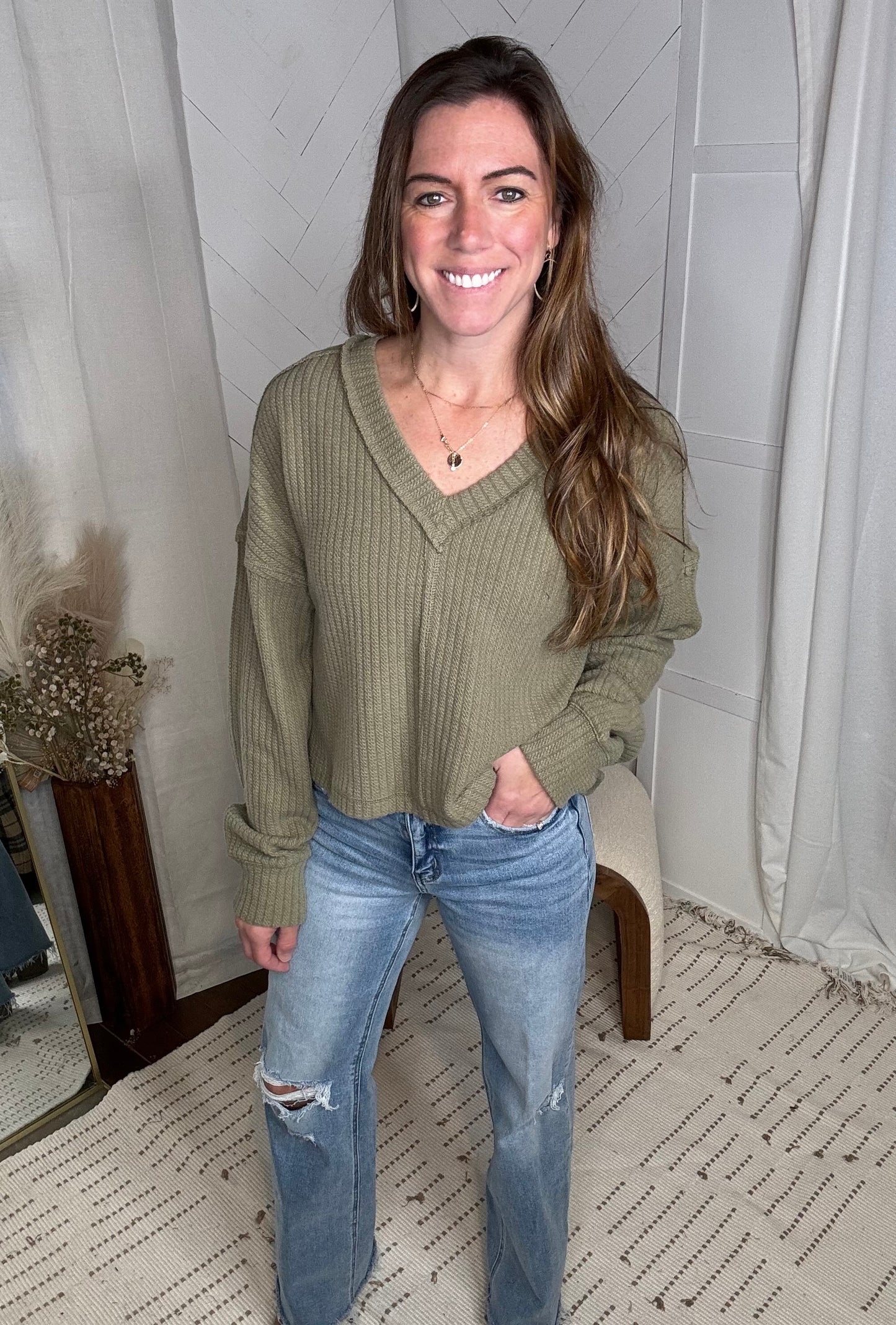 Cozy Cove V-Neck: Olive