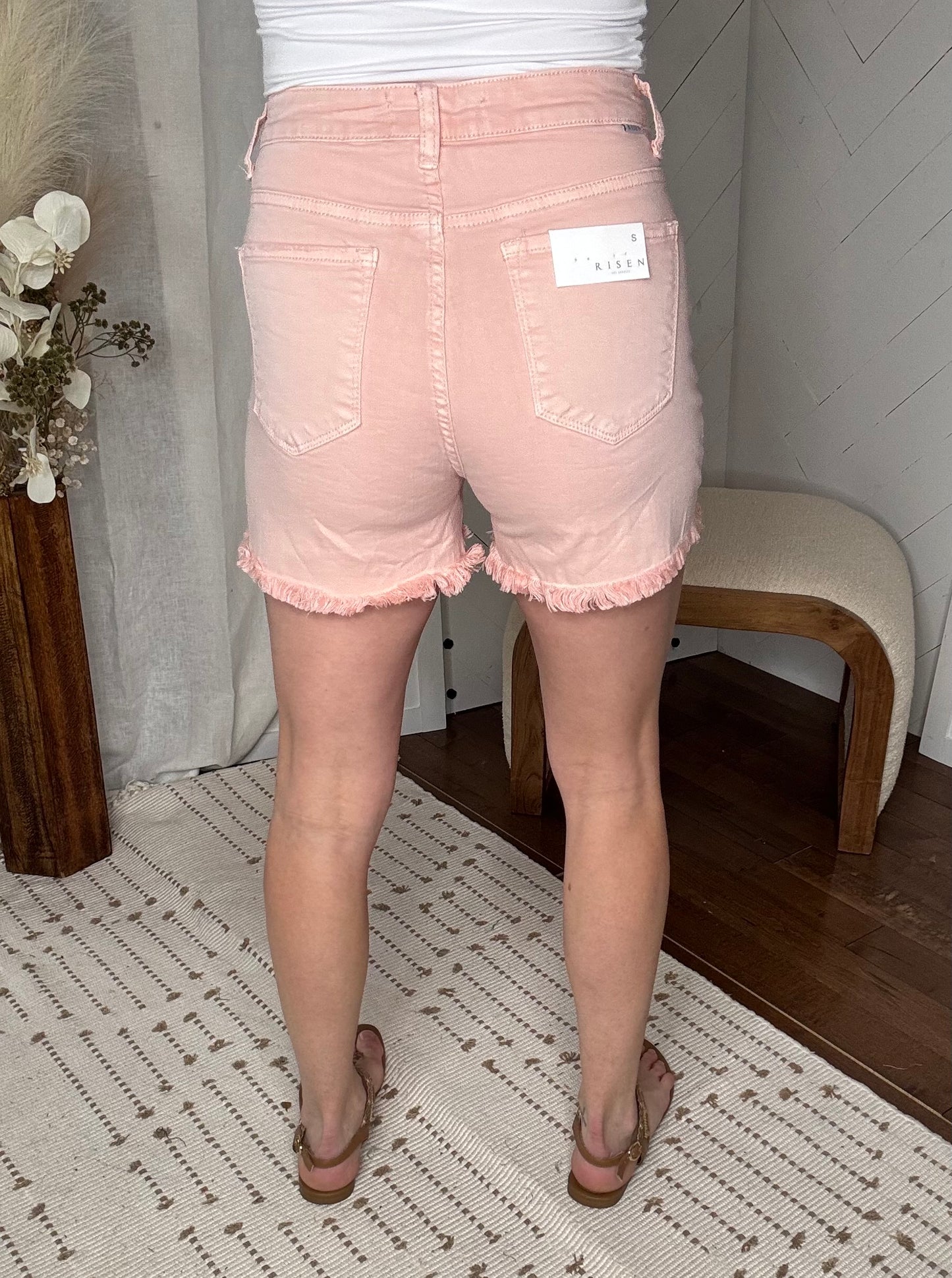 Risen35: Soft Pink High Rise Distressed Shorts