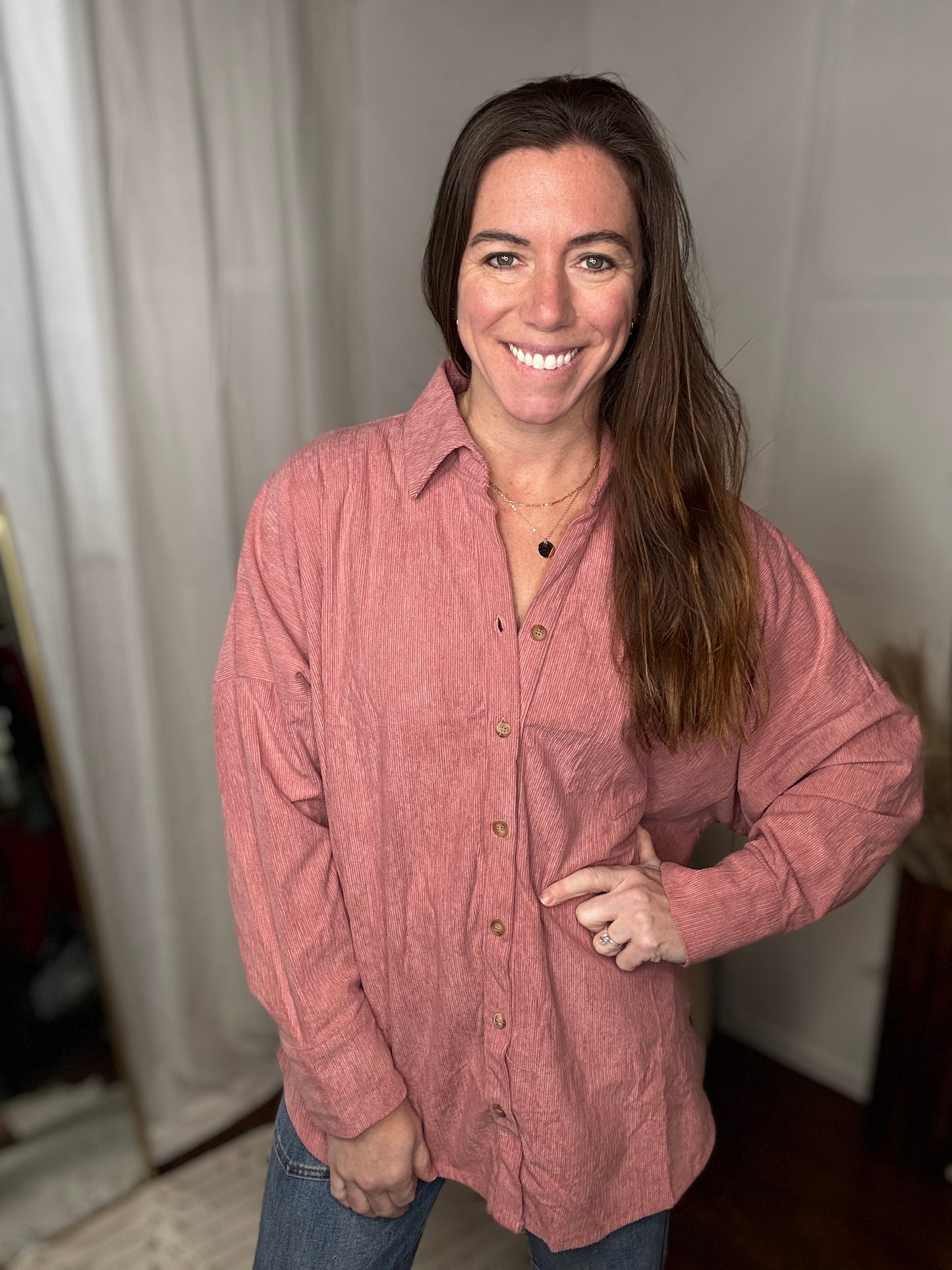 Mauve Casual Oversized Button Down Corduroy Shirt