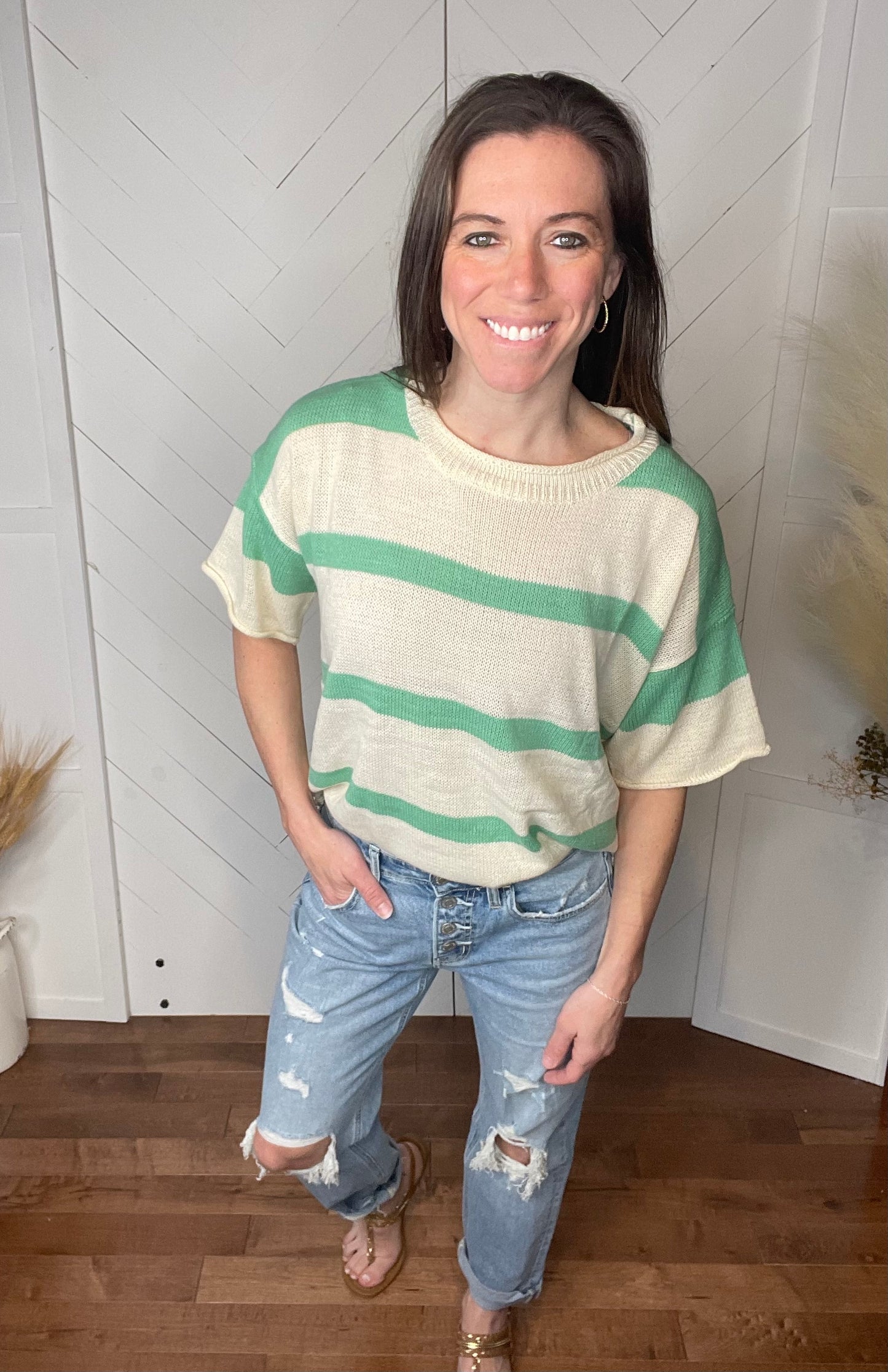 Striped Short Sleeve Sweater: Jade