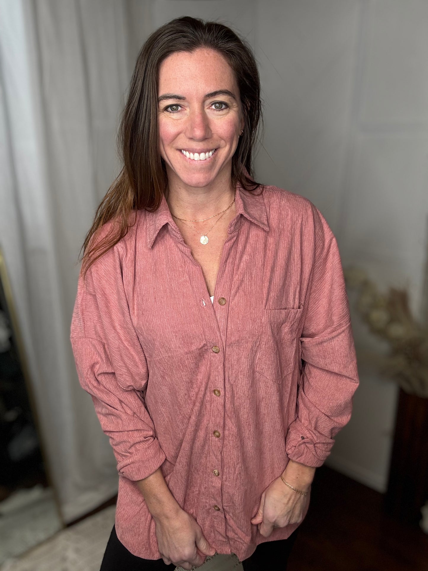 Mauve Casual Oversized Button Down Corduroy Shirt