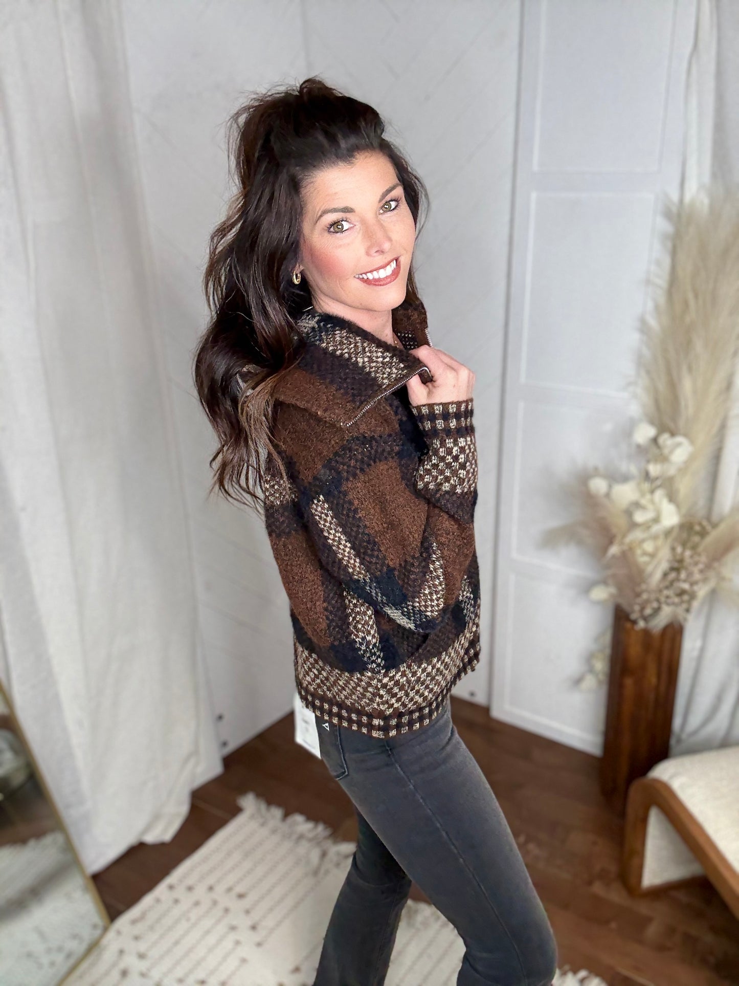 Mocha Plaid Fuzzy Knit Sweater Jacket