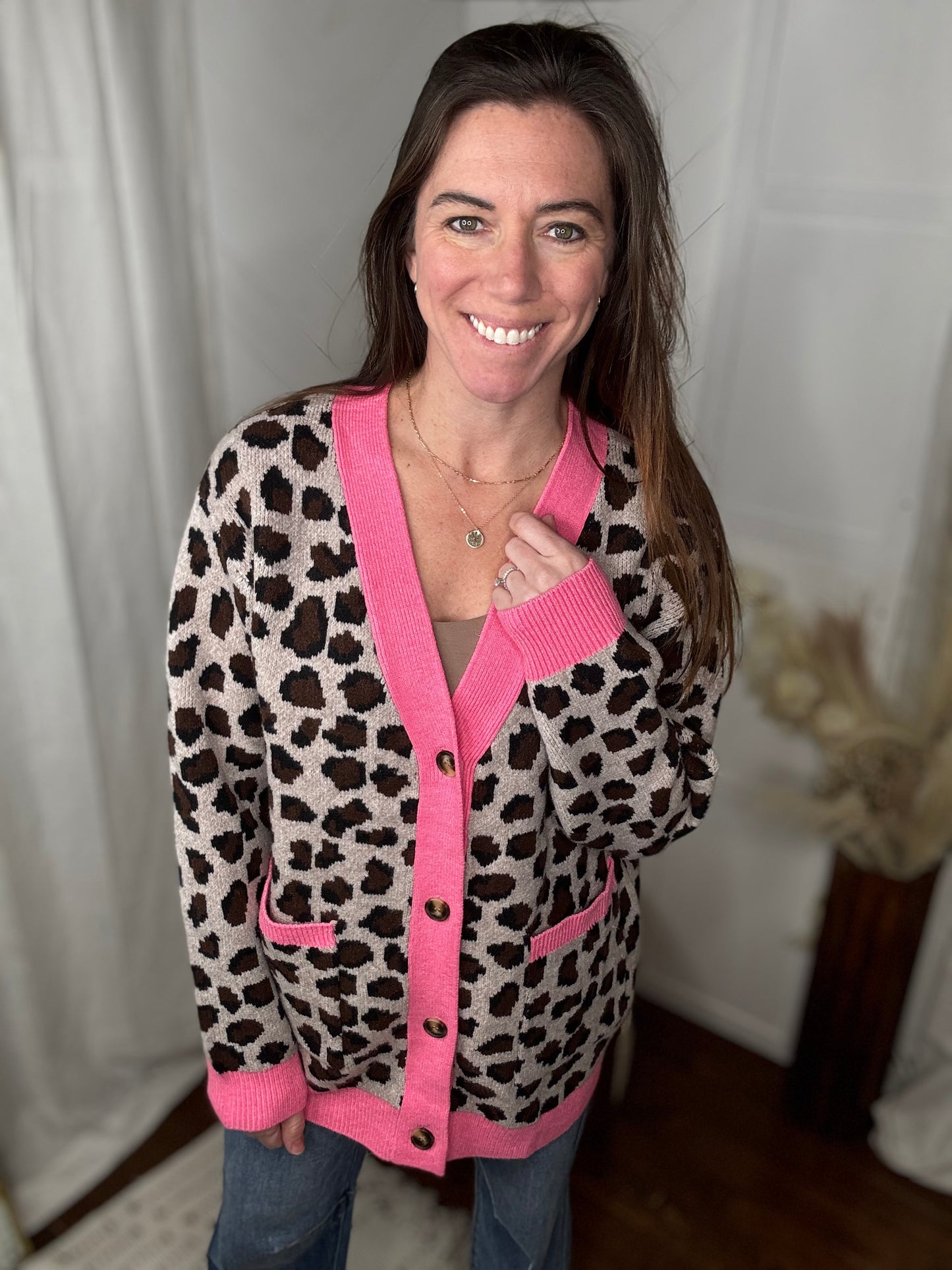 Pink Leopard Button Down Cardigan