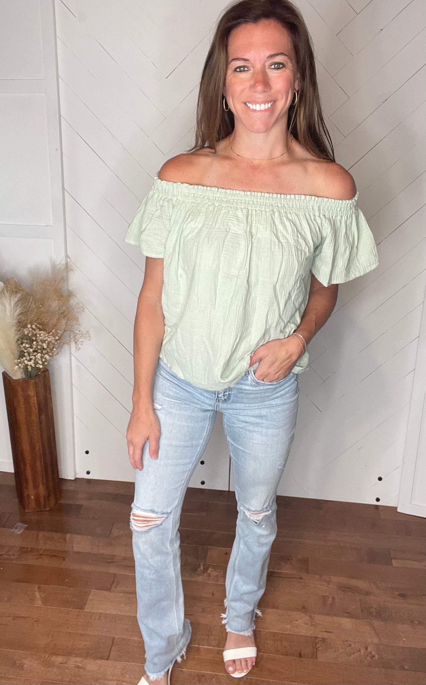 Off the Shoulder Green Ruffled Blouse