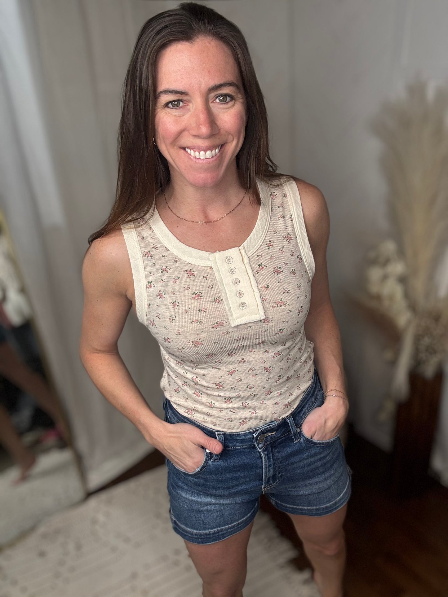 Oatmeal Floral Ribbed Button Tank
