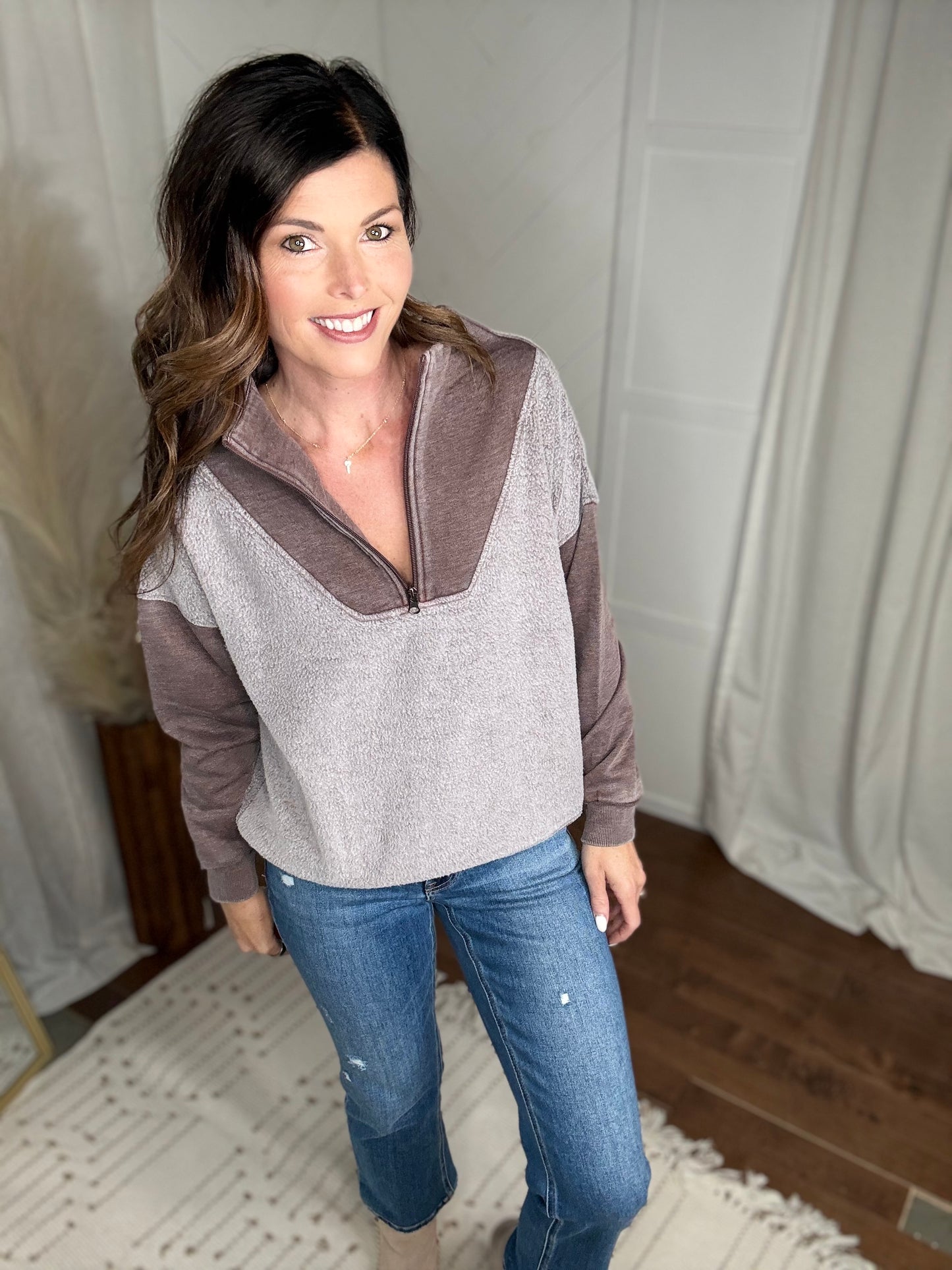 Brown Mixed Quarter Zip Sweatshirt