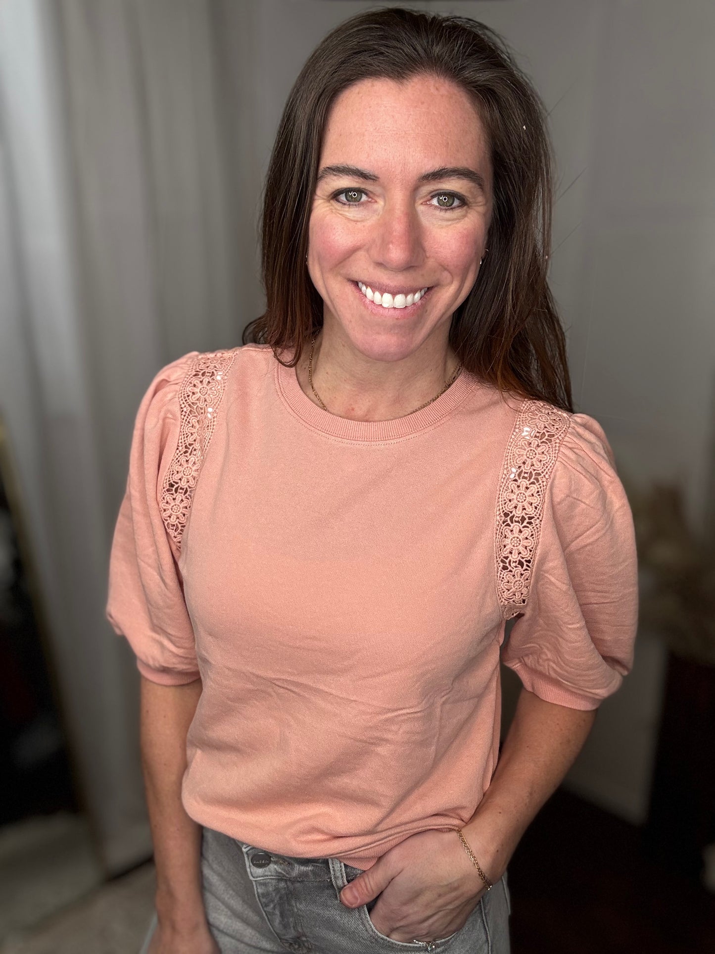Sweet Peach Lace Sleeve Top