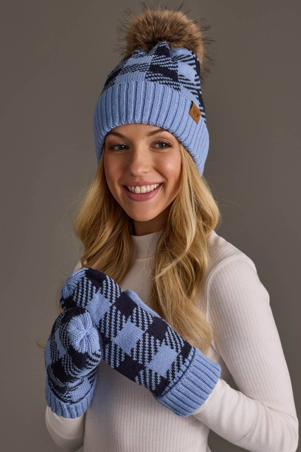 Lt. Blue & Navy Plaid Knit Pom Hat