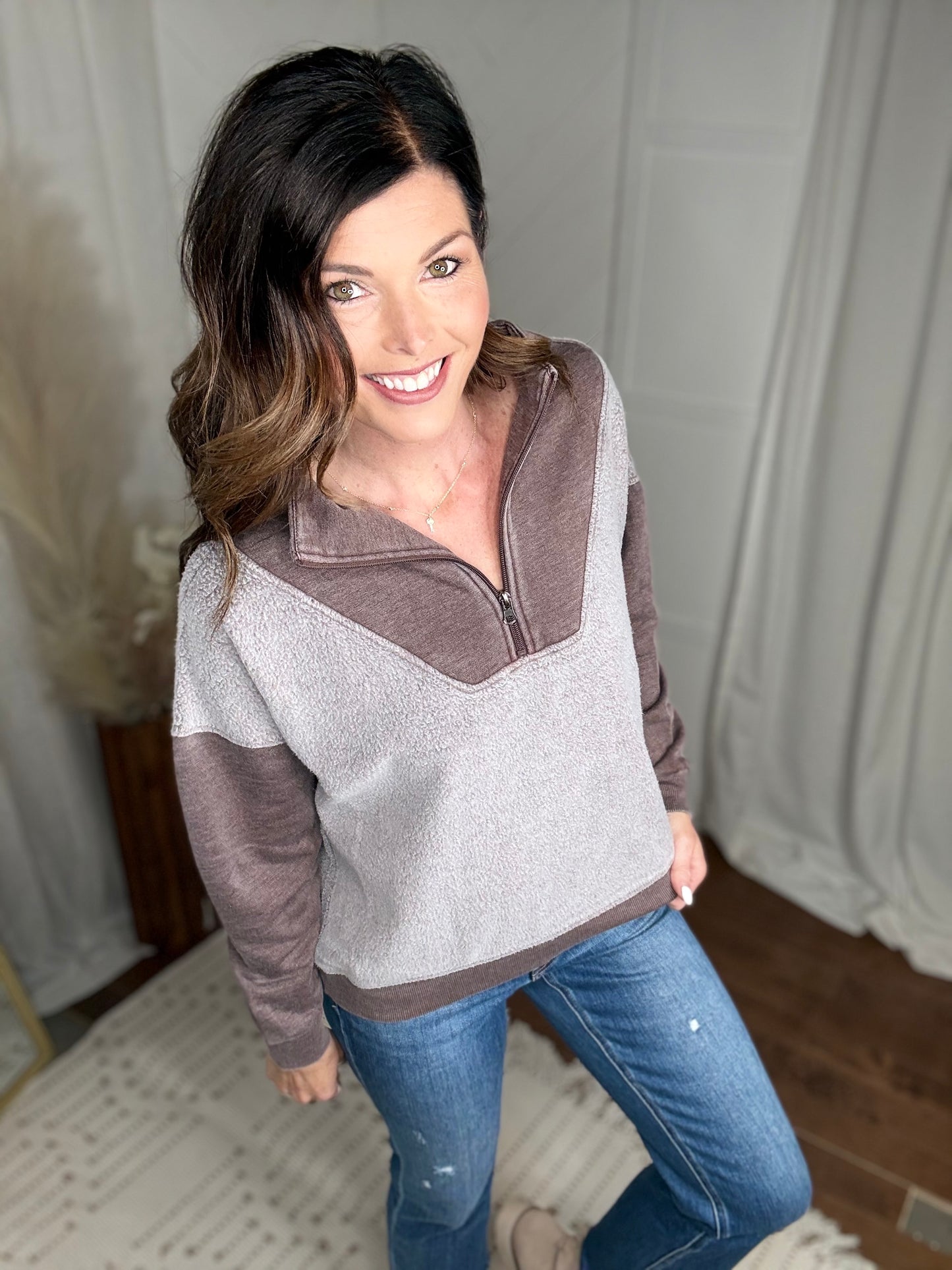 Brown Mixed Quarter Zip Sweatshirt