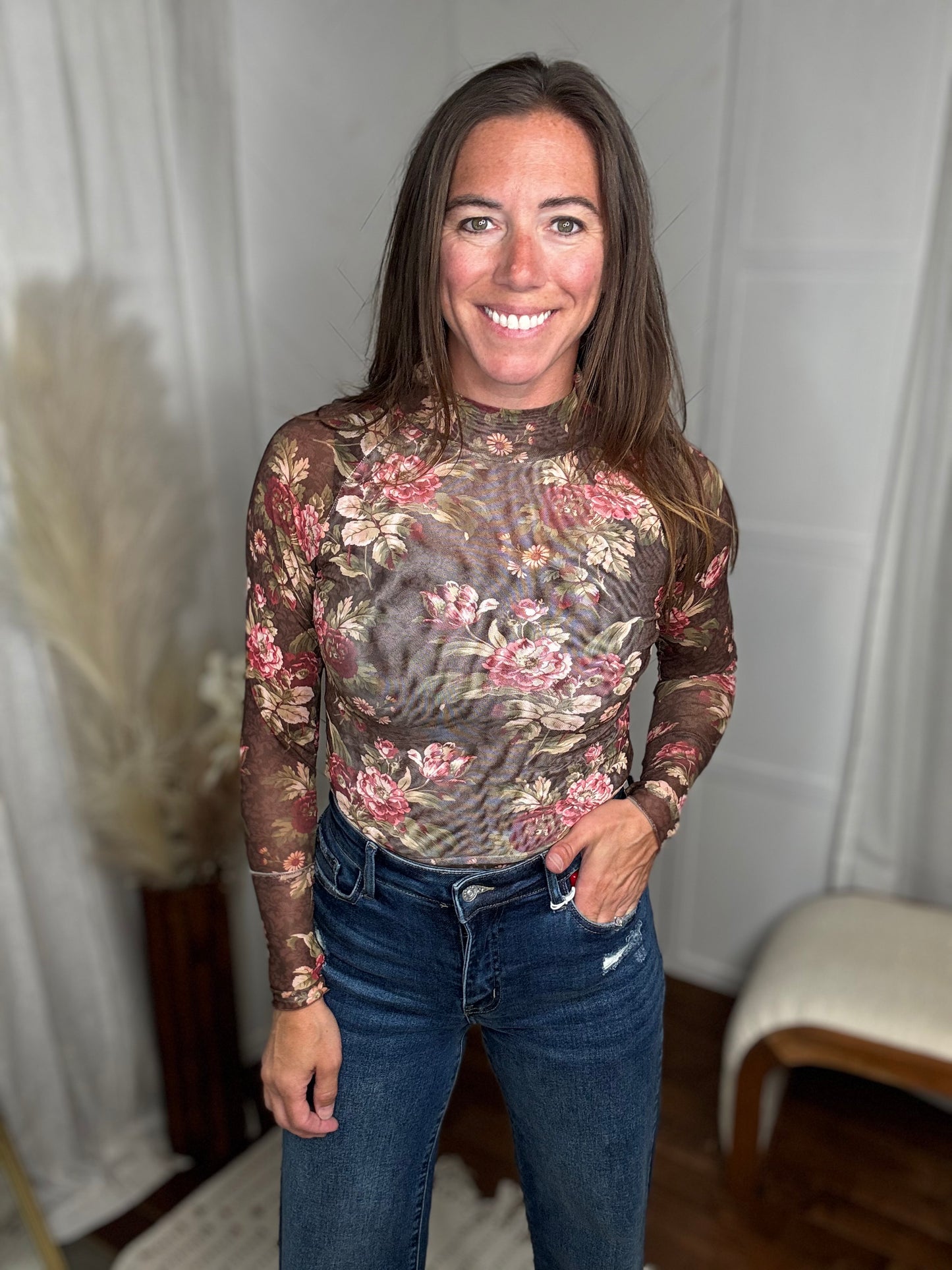 Deep Autumn Floral Mesh Top