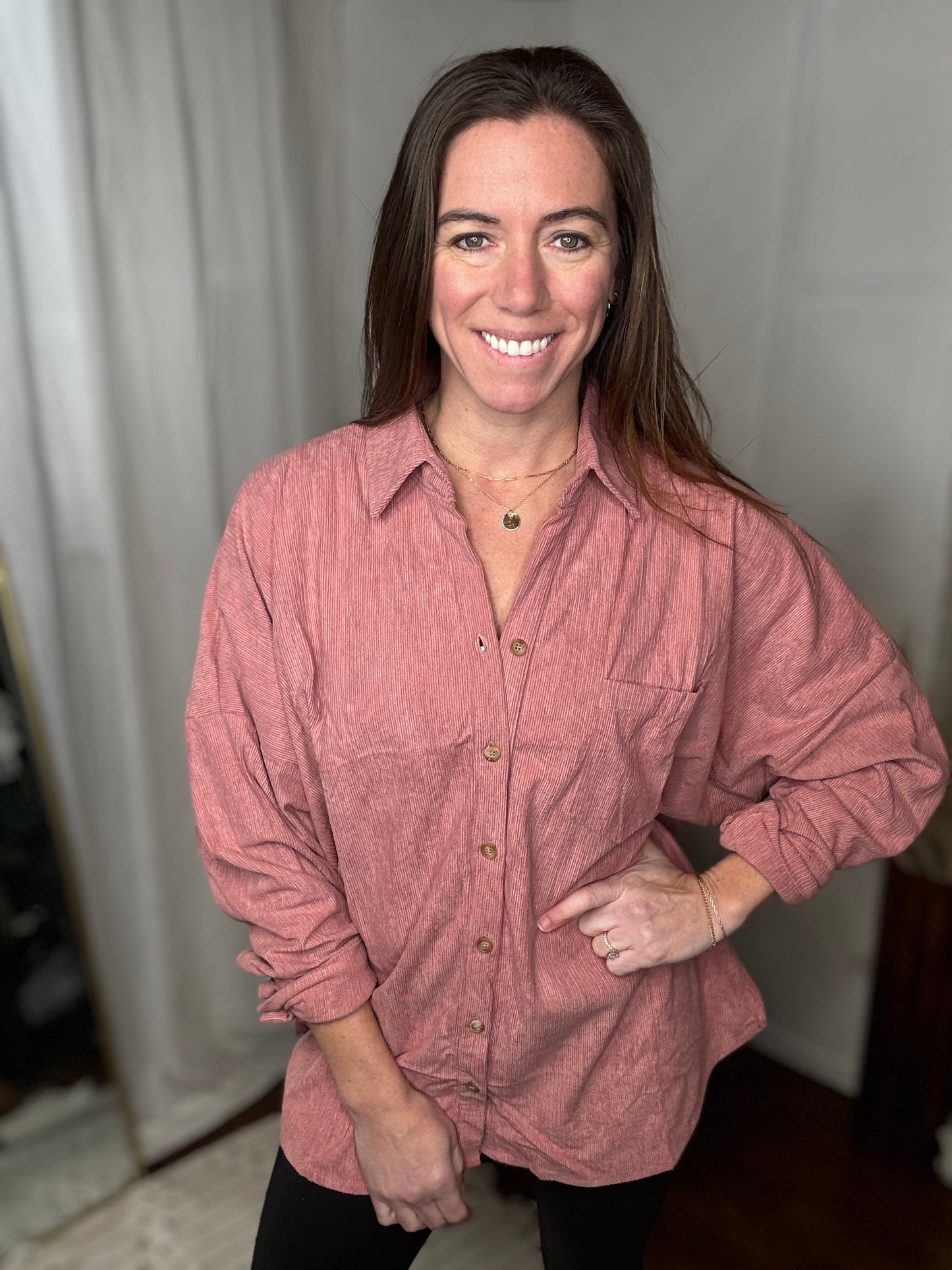 Mauve Casual Oversized Button Down Corduroy Shirt