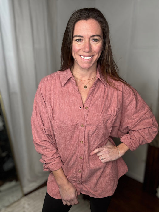 Mauve Casual Oversized Button Down Corduroy Shirt