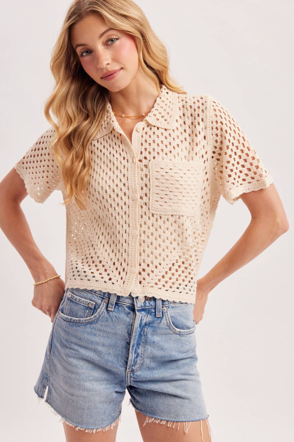 Ivory Button Down Crochet Knit Top
