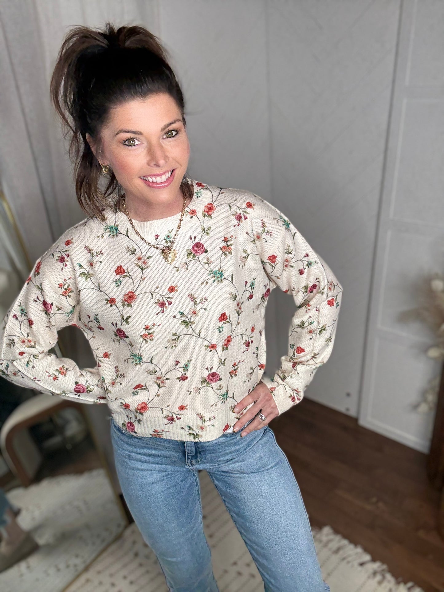 Ivory Bloom Textured Knit Sweater