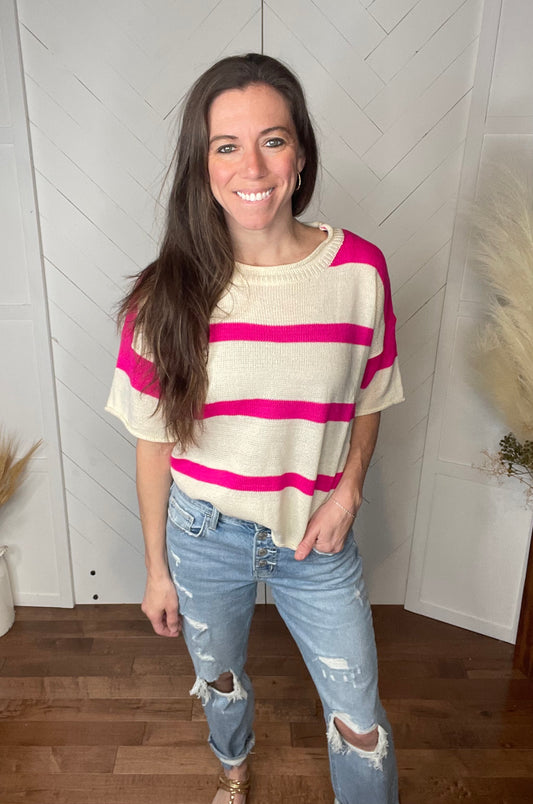 Striped Short Sleeve Sweater: Fuchsia