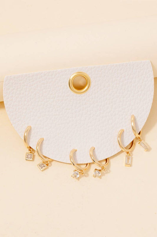 Three Pair Rhinestone Drop Hoop Earrings