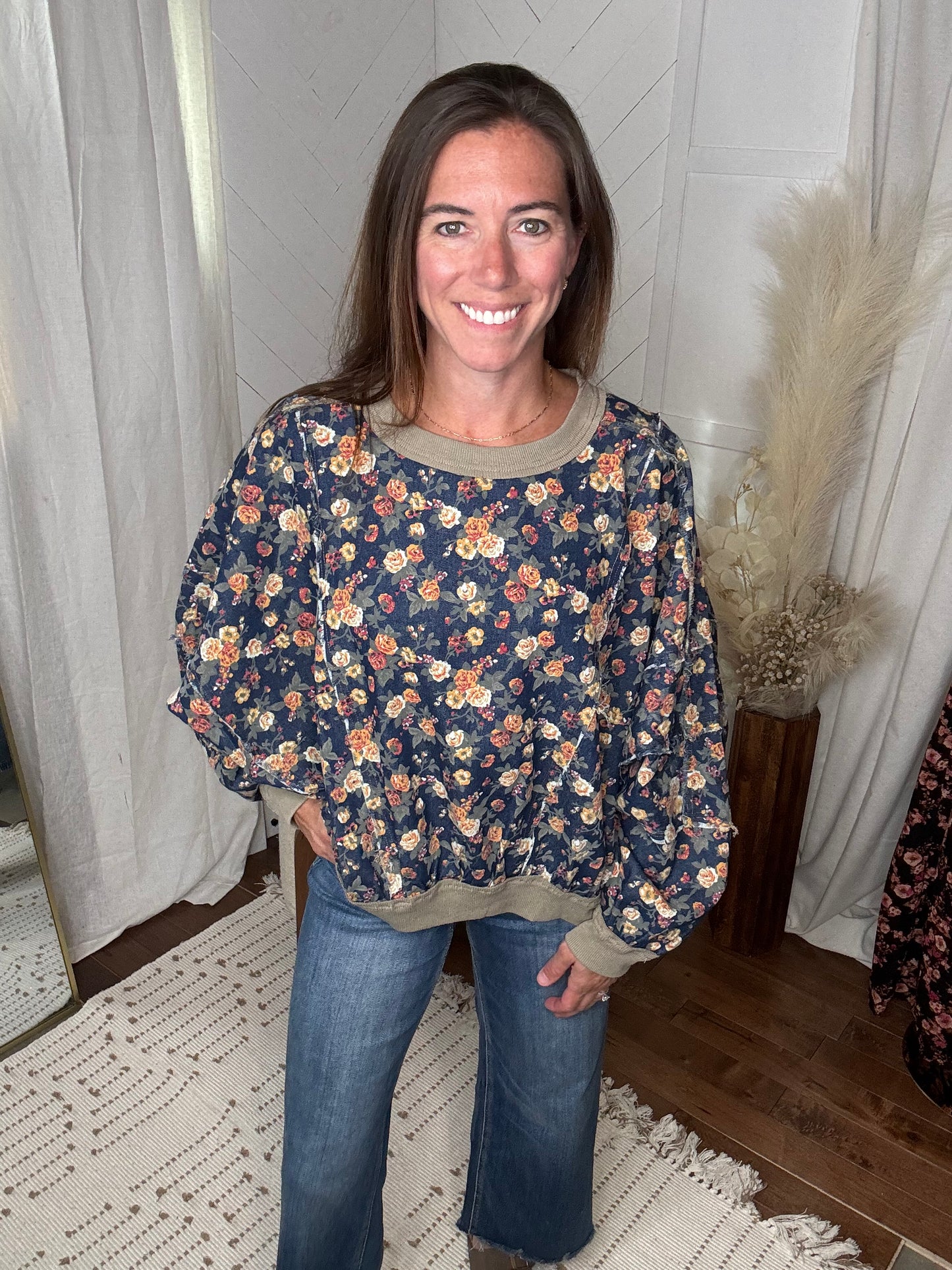 Washed Floral Denim Sweater