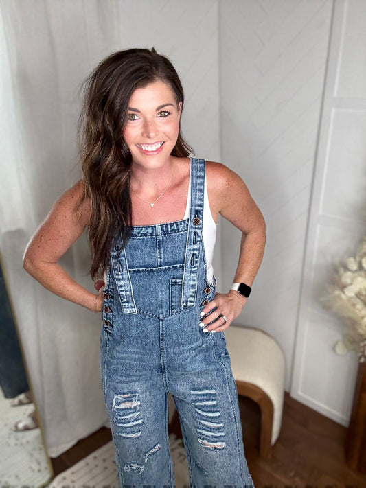 Distressed Wide leg Pocket Overalls