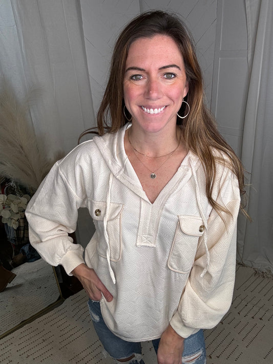 Hooded Pocket Knit Top: Cream