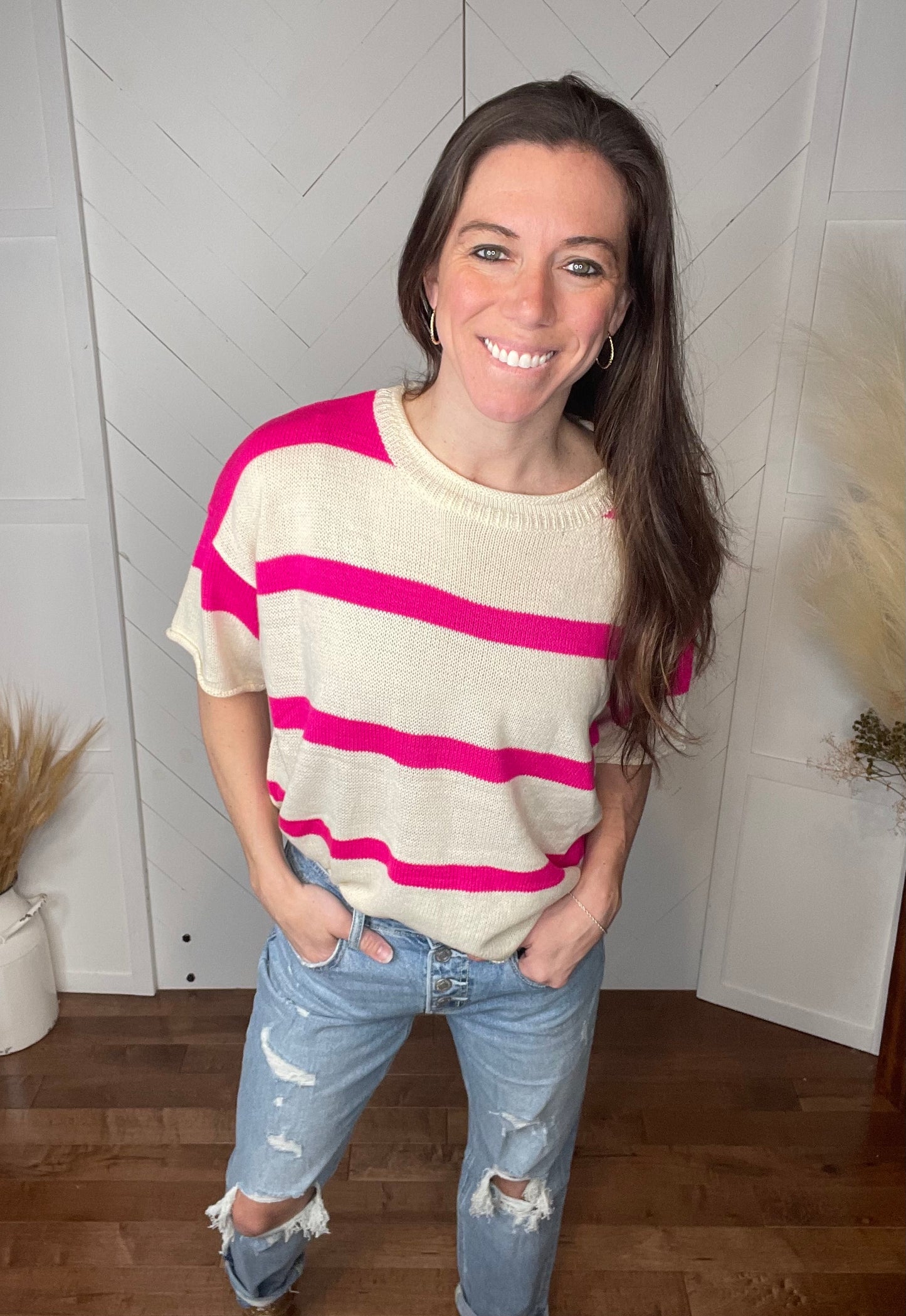 Striped Short Sleeve Sweater: Fuchsia