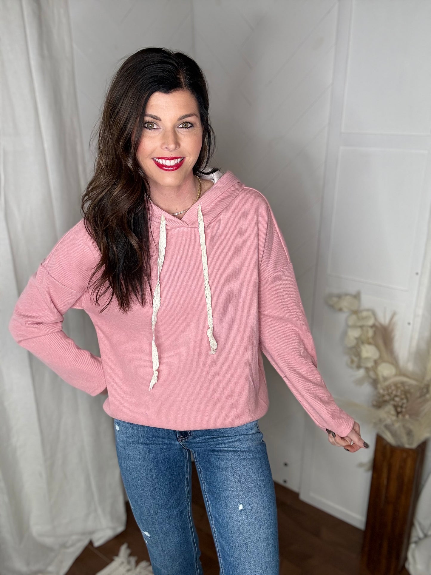 Rose Textured Drawstring Hoodie