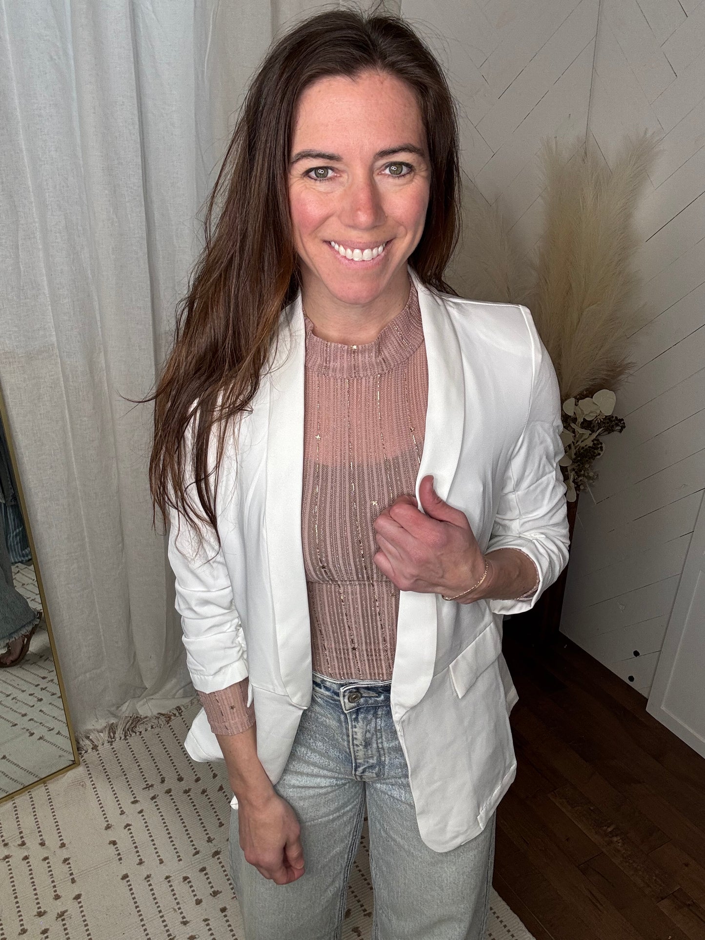 White Bunched Sleeve Blazer