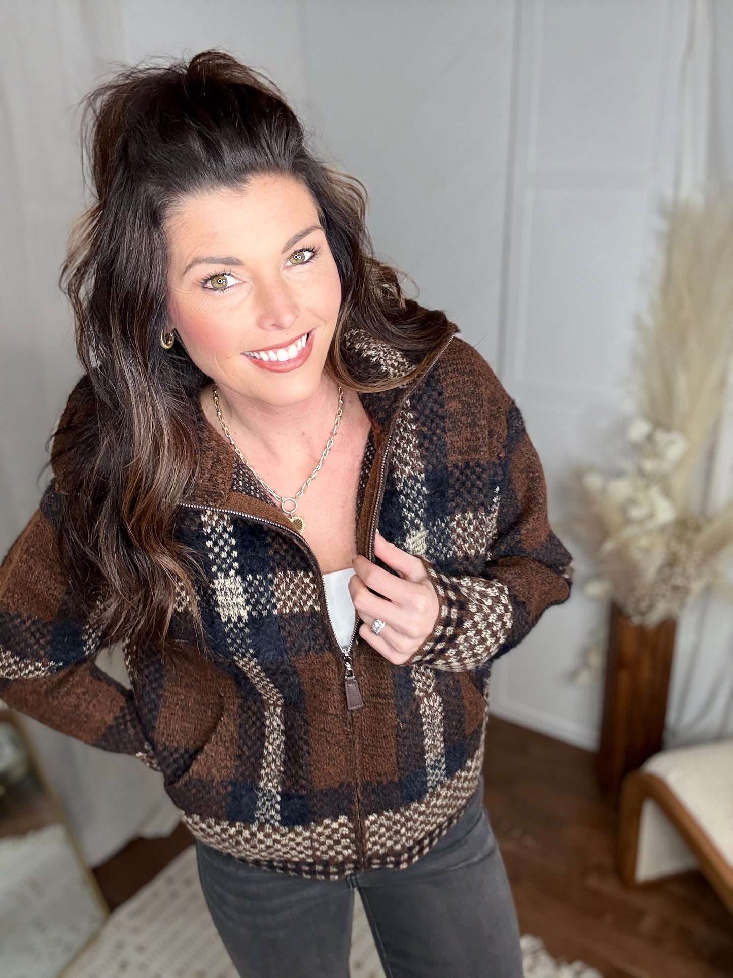 Mocha Plaid Fuzzy Knit Sweater Jacket