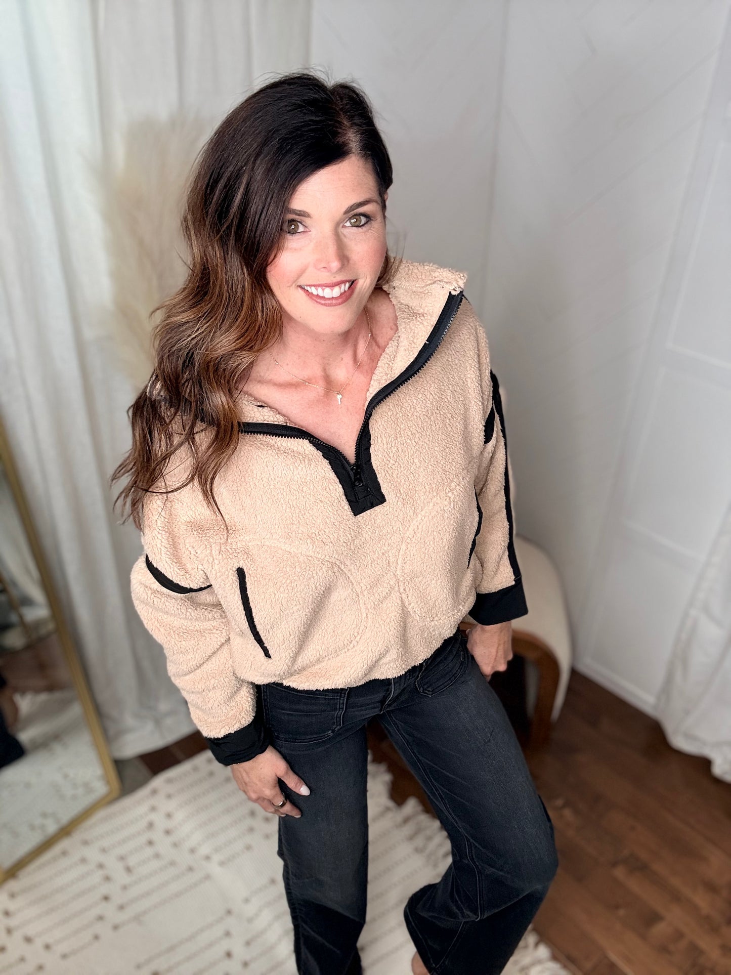Tan & Black Half Zip Sherpa Fleece Sweatshirt