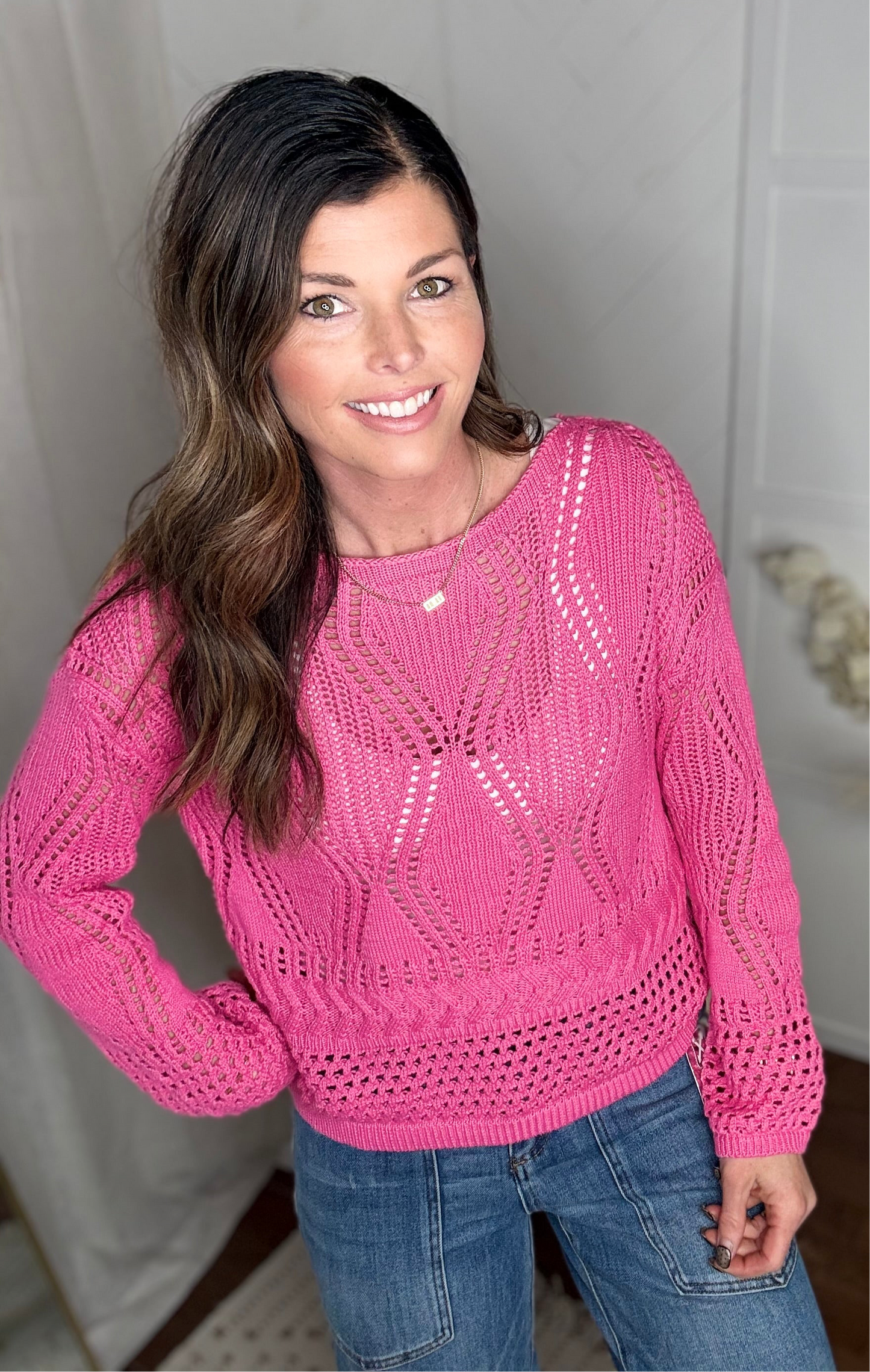 Fuchsia Breeze Open Crochet Sweater