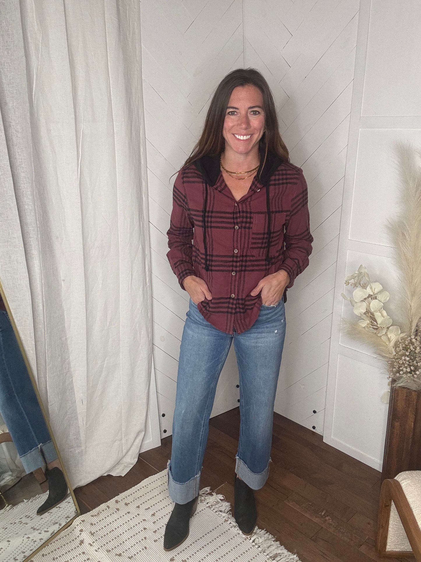 Burgundy Hooded Flannel Shirt