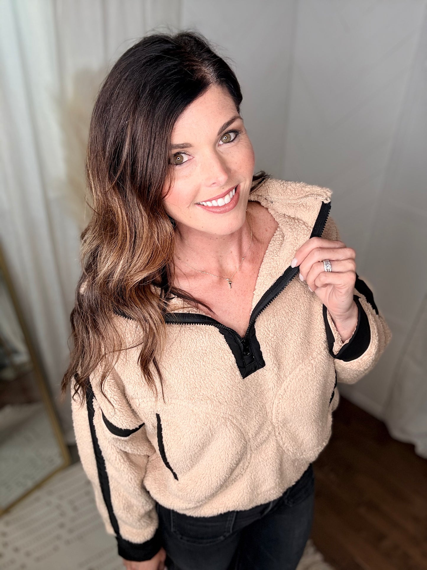 Tan & Black Half Zip Sherpa Fleece Sweatshirt