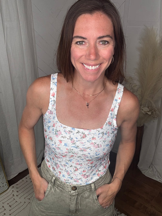 Textured White Floral Sleeveless Bodysuit